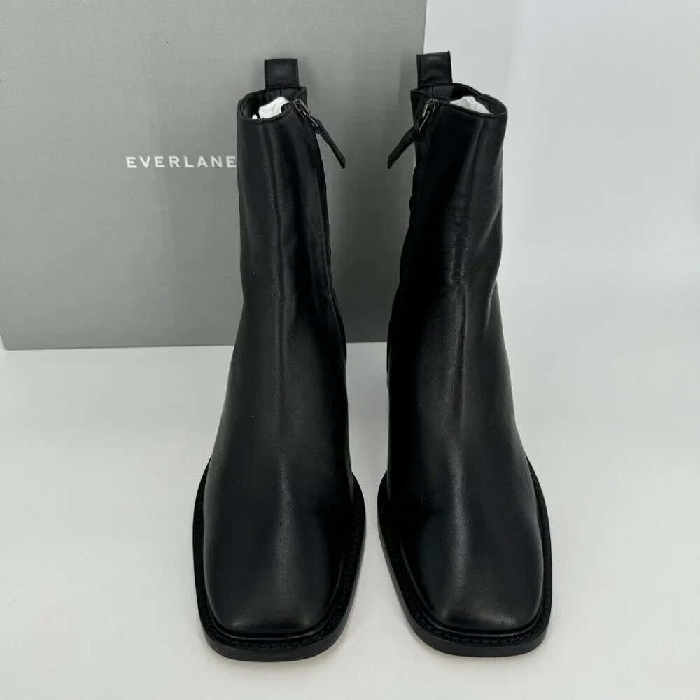 Everlane The City Boot in Black Leather sz 5.5 Women's Side Zip Block Heel Ankle